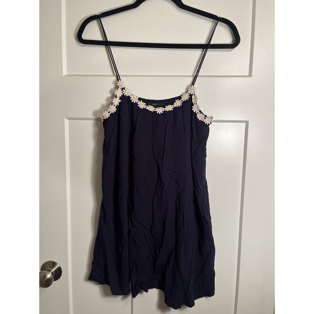 XXI Navy Blue Mini Dress White Daisy Trim Spaghetti Straps Womens Medium